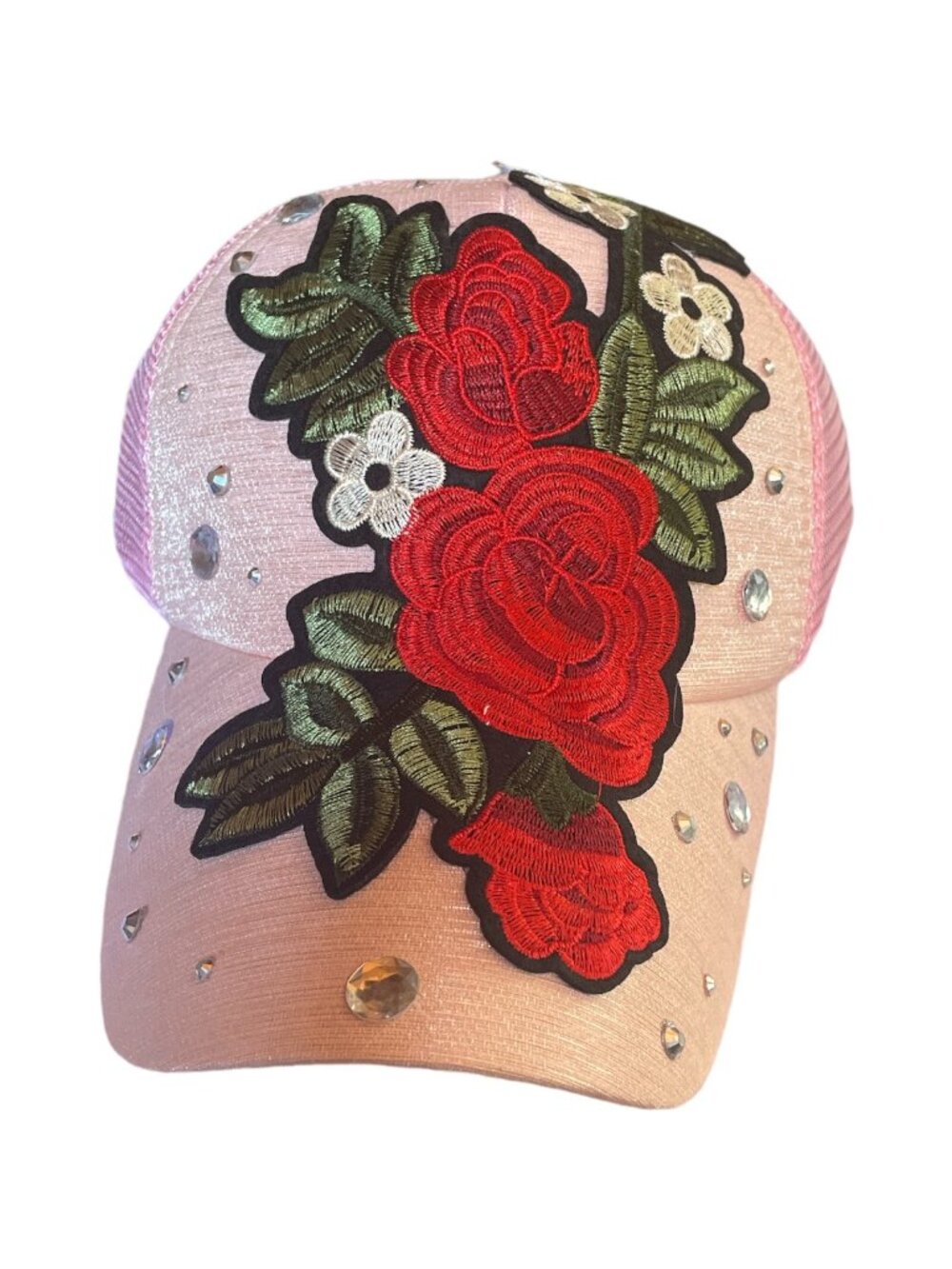 Women Embroidery Studs Flower Cap Snapback Mesh Light Pink